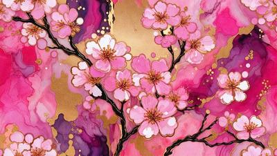 The primary subject of the image is a beautifully painted tree filled with pink flowers. The tree is surrounded by a vibrant and colorful background, which adds to the overall atmosphere of the painting. The visual style of the image is a combination of digital art and illustration, creating a unique and captivating piece of art. The dominant colors in the painting are pink and gold, which evoke a sense of warmth and beauty.