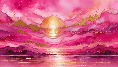 The primary subject of the image is a beautiful sunset with a golden sun in the sky. The setting is a serene beach with a body of water, possibly an ocean. The visual style is a combination of digital art and illustration, creating a vibrant and captivating scene. The dominant colors are pink, purple, and gold, which evoke a sense of warmth and tranquility.