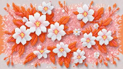 The primary subject of the image is a collection of white and orange flowers, which are the main objects in the scene. The flowers are arranged in a pattern, creating a visually appealing display. The setting is a pink background, which adds a touch of color to the overall atmosphere. The visual style of the image is a combination of digital art and illustration, as the flowers are depicted in a detailed and artistic manner. The colors and mood of the image are predominantly warm and inviting, with the white and