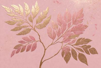 The primary subject of the image is a tree with gold leaves. The tree is depicted in a pink background, giving it a warm and inviting appearance. The visual style of the image is a combination of digital art and illustration, creating a unique and eye-catching design. The colors and mood of the image are predominantly pink and gold, evoking a sense of elegance and beauty.