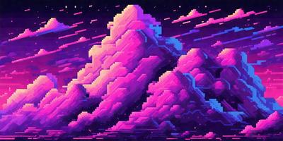 The primary subject of the image is a large, purple, pink, and blue mountain with a cloudy sky in the background. The visual style of the image is digital art, as it appears to be a computer-generated or digitally edited scene. The colors and mood of the image are vibrant and lively, with the purple and blue hues creating a sense of depth and contrast against the pink and white clouds.