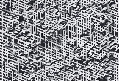 The primary subject of the image is a black and white pattern of squares, which creates a visually striking and intricate design. The setting is a black background, which emphasizes the pattern and adds a sense of depth to the image. The visual style is a combination of digital art and illustration, as the pattern is created using squares that are arranged in a complex and artistic manner. The colors and mood of the image are predominantly black and white, giving it a classic and timeless appearance.