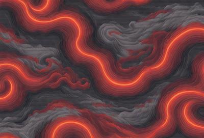 The primary subject of the image is a red and black pattern, which appears to be a digital art or illustration. The setting is a dark background, possibly a cloudy sky, which contrasts with the vibrant colors of the pattern. The visual style suggests that the image is a creative and artistic representation of the red and black pattern. The dominant colors and overall atmosphere of the image are bold and striking, with the red and black colors evoking a sense of intensity and energy.