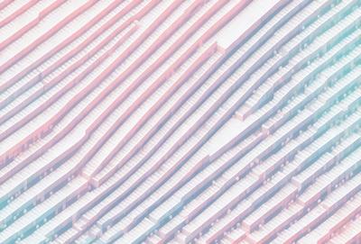 The primary subject of the image is a large, multi-layered structure made of white blocks. The setting is a white background, which creates a clean and minimalist appearance. The visual style is a combination of digital art and illustration, giving the image a modern and artistic feel. The dominant colors are white and gray, which contribute to the overall mood of the image, which is calm and serene.