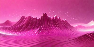 The primary subject of the image is a large, pink, wavy structure that resembles a wave or a mountain. The setting is a pink background, which adds to the overall visual style. The image is a digital art or illustration, showcasing a unique and creative design. The dominant colors are pink and purple, giving the scene a warm and inviting atmosphere.