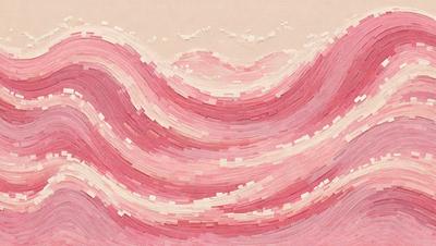 The primary subject of the image is a large, colorful wave made of blocks. The setting is a pink background, which adds to the overall mood of the scene. The visual style is a combination of digital art and illustration, creating a unique and eye-catching design. The dominant colors are pink and red, giving the image a warm and vibrant atmosphere.