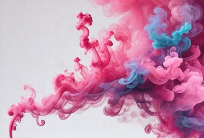 The primary subject of the image is a colorful, swirling mist that appears to be a mix of pink, blue, and purple. The setting is a white background, which provides a clean and uncluttered environment for the vibrant colors to stand out. The visual style of the image is a combination of digital art and illustration, creating a dynamic and artistic representation of the swirling mist. The dominant colors and overall atmosphere of the image are energetic, lively, and full of life,