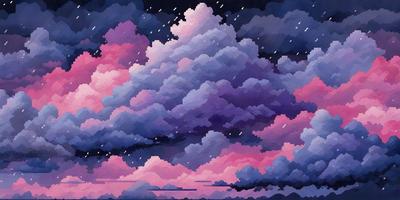 The primary subject of the image is a cloudy sky with a purple hue. The setting is a nighttime scene with a dark background. The visual style is a digital art or illustration, creating a whimsical and artistic atmosphere. The colors and mood are predominantly purple, giving the scene a dreamy and serene quality.