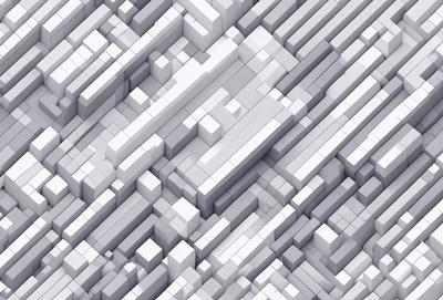 The primary subject of the image is a large, intricate, and detailed pattern made up of white cubes. The setting is a white background, which provides a clean and minimalist appearance. The visual style is a combination of digital art and illustration, creating a unique and captivating design. The colors and mood of the image are predominantly white, giving it a clean, modern, and sophisticated feel.