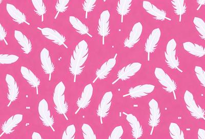 The primary subject of the image is a pattern of white feathers on a pink background. The feathers are arranged in various shapes and sizes, creating a visually appealing and unique design. The setting appears to be a pink surface, which serves as the background for the feather pattern. The visual style of the image is a combination of digital art and illustration, as the feathers are carefully crafted and placed to create a cohesive and eye-catching design. The colors and mood of the image are pre