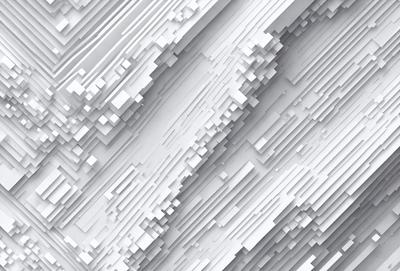 The primary subject of the image is a white, geometric pattern. The setting is a white wall, and the visual style is digital art. The dominant colors are white and gray, creating a clean and minimalist atmosphere.