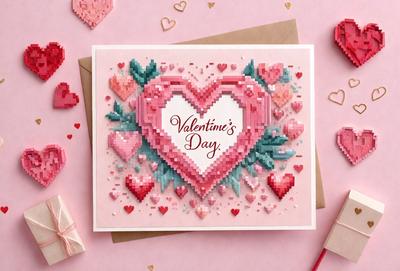 The primary subject of the image is a Valentine's Day card. The card is pink and features a heart-shaped design with a message that reads "Valentine's Day." The setting is a table with a pink background, and the visual style is a combination of digital art and illustration. The colors and mood of the image are predominantly pink, which is associated with love and affection.