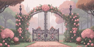 The primary subject of the image is a large, ornate gate with a black metal fence. The gate is adorned with a beautiful floral arrangement, featuring pink flowers. The setting is a park, with trees visible in the background. The visual style is a digital art or illustration, creating a vibrant and lush atmosphere. The dominant colors are pink and black, with the pink flowers adding a touch of warmth and elegance to the scene.
