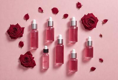 The primary subject of the image is a collection of bottles filled with red liquid, likely containing rose oil. These bottles are placed on a pink surface, which adds a touch of elegance to the scene. The setting appears to be a studio or a workspace, as the bottles are neatly arranged and displayed. The visual style of the image is a close-up of the bottles, showcasing the details of the containers and the red liquid inside. The colors and mood of the image are predominantly p