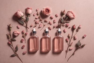 The primary subject of the image is a close-up of three bottles of pink liquid, likely perfume or cologne, placed on a pink surface. The setting is a pink background, which adds a warm and feminine touch to the scene. The visual style is a close-up, focusing on the bottles and their contents. The colors and mood of the image are predominantly pink, creating a sense of elegance and sophistication.
