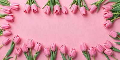 The primary subject of the image is a row of pink tulips. The setting is a pink background, which creates a visually appealing contrast with the flowers. The visual style is a close-up of the tulips, showcasing their details and beauty. The colors and mood of the image are predominantly pink, which gives it a warm and inviting atmosphere.