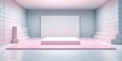 The primary subject of the image is a white wall with a pink border. The setting is a room with a pink floor, and the visual style is a digital art or illustration. The dominant colors are white and pink, creating a warm and inviting atmosphere.