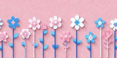 The primary subject of the image is a collection of six different colored flowers, each with a unique design. They are arranged in a row, with each flower being slightly different in size and shape. The flowers are displayed on a pink background, which adds a touch of warmth and softness to the scene. The visual style of the image is a combination of digital art and illustration, creating a vibrant and eye-catching display. The colors and mood of the image are predominantly pink and cheerful, ev