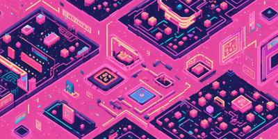 The primary subject of the image is a colorful, pink and purple digital artwork featuring a complex network of interconnected squares. The setting is a futuristic cityscape, with various buildings and structures visible in the background. The visual style is a combination of digital art and illustration, creating a vibrant and dynamic scene. The colors and mood of the image are predominantly pink and purple, giving it a warm and inviting atmosphere.