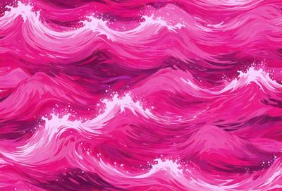 The primary subject of the image is a painting of a wave, featuring a pink and purple color scheme. The setting is a pink and purple background, which adds to the overall mood of the painting. The visual style is a combination of digital art and illustration, creating a unique and eye-catching piece of art. The colors and mood of the painting evoke a sense of calmness and tranquility, as the viewer is drawn into the world of the wave.