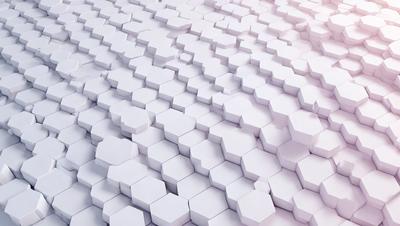 The primary subject of the image is a large white wall with a pattern of white hexagons. The setting is a white room, and the visual style is a digital art or illustration. The dominant colors are white, and the overall atmosphere is clean and minimalistic.