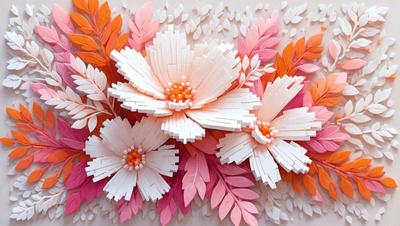 The primary subject of the image is a beautifully crafted floral arrangement made from white and pink paper. The setting is a white background, which provides a clean and elegant appearance. The visual style is a combination of digital art and illustration, showcasing the intricate details of the paper flowers. The colors and mood of the image are predominantly pink and white, creating a warm and inviting atmosphere.