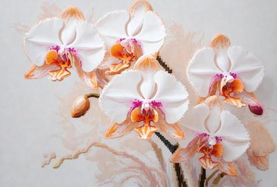 The primary subject of the image is a bouquet of white and orange orchids. The orchids are arranged in a vase, creating a beautiful and colorful display. The setting is a room with a wall, and the visual style is a combination of photo and digital art. The dominant colors in the image are white and orange, creating a warm and inviting atmosphere.
