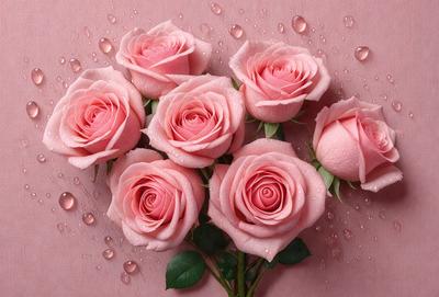 The primary subject of the image is a bouquet of pink roses. The setting is a pink background, which adds a warm and romantic atmosphere to the scene. The visual style is a close-up of the roses, showcasing their delicate petals and intricate details. The colors and mood of the image are predominantly pink, creating a sense of love and affection.