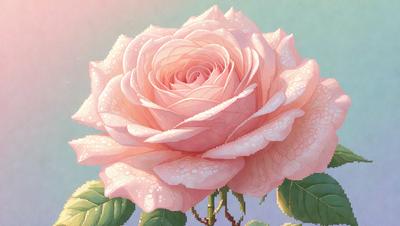 The primary subject of the image is a pink rose with a green stem. The rose is the main focus of the image, and it is displayed against a blue background. The visual style of the image is a painting, which gives it a more artistic and detailed appearance. The dominant colors in the image are pink and blue, creating a serene and calming atmosphere.