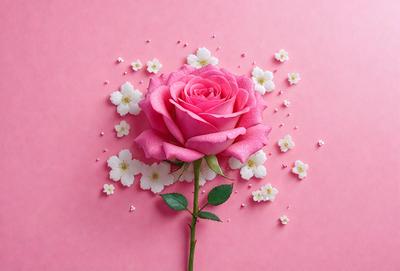 The primary subject of the image is a single pink rose. The rose is placed on a pink background, which creates a visually appealing contrast. The visual style of the image is a combination of photo and digital art, as it appears to be a close-up of the rose with a slightly blurred background. The dominant colors in the image are pink and white, giving the scene a warm and elegant atmosphere.