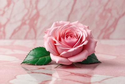 The primary subject of the image is a single pink rose. The rose is placed on a pink marble surface, which serves as the setting and background of the scene. The visual style of the image is a close-up of the rose, showcasing its details and beauty. The dominant colors in the image are pink and white, creating a warm and elegant atmosphere.