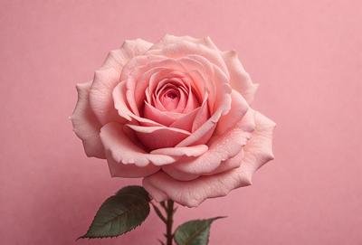 The primary subject of the image is a single pink rose. The rose is placed on a pink background, which creates a visually appealing contrast. The visual style of the image is a close-up of the rose, showcasing its details and texture. The dominant colors in the image are pink and white, giving the scene a soft and delicate atmosphere.