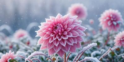 The primary subject of the image is a pink flower with a frosty, snowy appearance. The flower is surrounded by a snowy environment, which adds to the overall atmosphere of the scene. The visual style of the image is a combination of photo and digital art, creating a unique and captivating representation of the flower. The dominant colors in the image are pink and white, which contribute to the overall mood of the scene.