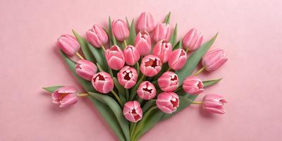 The primary subject of the image is a bouquet of pink tulips. The setting is a pink background, which adds a warm and vibrant atmosphere to the scene. The visual style is a close-up of the flowers, showcasing their details and beauty. The colors and mood of the image are predominantly pink, creating a sense of freshness and elegance.