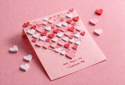 The primary subject of the image is a Valentine's Day card with a pink background. The card is decorated with hearts, both on the front and inside. The setting is a pink table, and the visual style is a combination of digital art and illustration. The dominant colors are pink and red, creating a warm and romantic atmosphere.