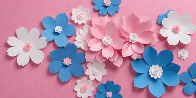 The primary subject of the image is a collection of paper flowers, predominantly pink and blue, arranged on a pink background. The flowers are made from paper and are placed in various positions, creating a visually appealing display. The setting appears to be a creative and artistic environment, possibly for a craft project or an artistic expression. The visual style of the image is a combination of digital art and illustration, as the paper flowers are skillfully crafted and placed on the pink background. The colors and m
