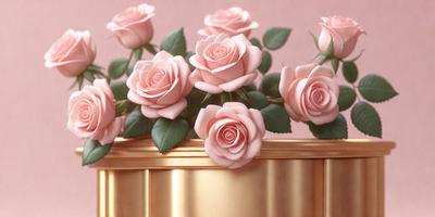 The primary subject of the image is a bouquet of pink roses. The setting is a pink background, which adds a warm and romantic atmosphere to the scene. The visual style is a digital art, as the roses are depicted in a realistic and detailed manner. The colors and mood of the image are predominantly pink, creating a sense of love and affection.