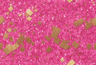 The primary subject of the image is a pink background with gold glittery squares scattered across it. The setting appears to be a pink and gold-themed room or event. The visual style is a combination of a photo and digital art, creating a unique and eye-catching design. The colors and mood of the image are predominantly pink and gold, giving it a warm and inviting atmosphere.