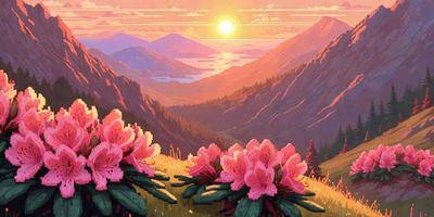 The primary subject of the image is a field of pink flowers, with a beautiful mountain range in the background. The setting is a picturesque landscape, with the sun shining brightly in the sky. The visual style is a combination of photo and digital art, creating a vibrant and lively atmosphere. The dominant colors are pink and orange, with the flowers being the main focus of the scene.