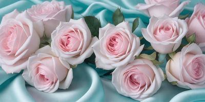 The primary subject of the image is a bouquet of white roses. The setting is a blue cloth, which serves as the backdrop for the roses. The visual style is a close-up of the roses, showcasing their beauty and details. The colors and mood of the image are predominantly pink and white, creating a serene and elegant atmosphere.