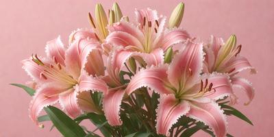 The primary subject of the image is a bouquet of pink flowers, which are the main focus of the scene. The flowers are arranged in a vase, creating a beautiful and elegant display. The setting is a pink background, which adds to the overall mood and visual style of the image. The colors in the image are predominantly pink, creating a warm and inviting atmosphere.