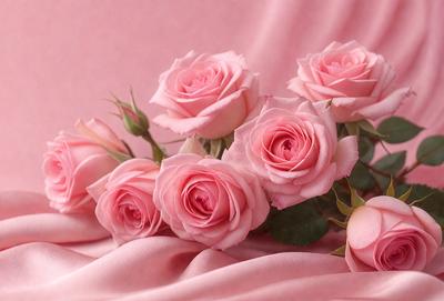 The primary subject of the image is a bouquet of pink roses. The setting is a pink background, which adds a soft and romantic touch to the scene. The visual style is a close-up of the roses, showcasing their delicate petals and intricate details. The colors and mood of the image are predominantly pink, creating a warm and inviting atmosphere.