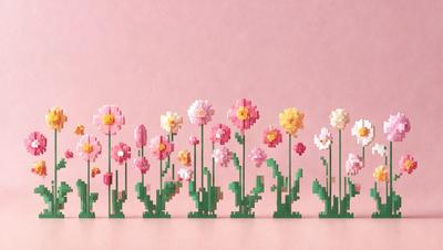 The primary subject of the image is a row of six pink flowers, each with a yellow center, arranged in a neat line. The setting is a pink background, which adds a warm and inviting atmosphere to the scene. The visual style is a combination of digital art and illustration, creating a realistic and visually appealing representation of the flowers. The colors and mood of the image are predominantly pink and yellow, evoking a sense of freshness and beauty.