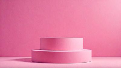 The primary subject of the image is a stack of three pink cakes. The setting is a pink background, which creates a visually appealing contrast with the cakes. The visual style is a photo, capturing the cakes in their natural form. The colors and mood of the image are predominantly pink, giving it a warm and inviting atmosphere.