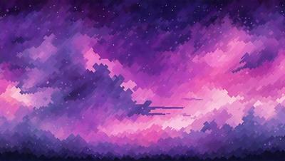 The primary subject of the image is a spaceship flying through a purple sky. The setting is a colorful, pixelated sky with a purple hue. The visual style is a digital art or illustration, creating a unique and vibrant atmosphere. The colors and mood of the image are predominantly purple, giving it a dreamy and surreal quality.