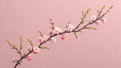 The primary subject of the image is a branch with pink flowers on it. The setting is a pink wall, which serves as the background. The visual style is a painting, with the flowers and branch being depicted in a detailed and artistic manner. The colors and mood of the image are predominantly pink, creating a warm and inviting atmosphere.