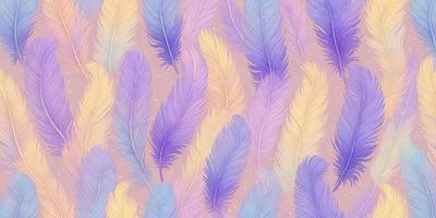 The primary subject of the image is a pattern of purple and yellow feathers. The setting is a purple and yellow background, which creates a vibrant and lively atmosphere. The visual style is a combination of digital art and illustration, giving the image a unique and artistic appearance. The colors and mood of the image are energetic and uplifting, with the purple and yellow feathers symbolizing freedom and creativity.