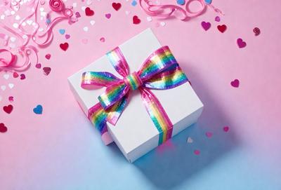 The primary subject of the image is a white box with a rainbow bow on top. The box is placed on a pink and blue background, which adds a vibrant and cheerful atmosphere to the scene. The visual style of the image is a combination of photo and digital art, creating a unique and eye-catching presentation. The colors and mood of the image are predominantly pink, blue, and white, evoking a sense of warmth, happiness, and celebration.