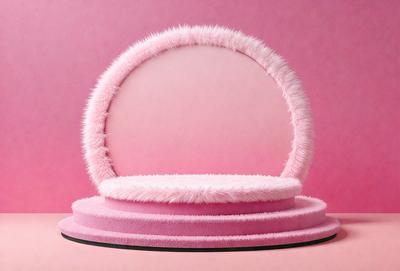 The primary subject of the image is a pink hat with a furry, fluffy, and fuzzy appearance. The hat is placed on a pink surface, which creates a visually appealing contrast between the hat and the background. The visual style of the image is a close-up of the hat, showcasing its unique texture and design. The colors and mood of the image are predominantly pink, giving it a warm and inviting atmosphere.