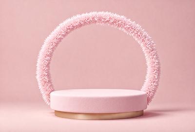The primary subject of the image is a pink circular object with a white fringe. The setting is a pink background, and the visual style appears to be a photo. The colors and mood of the image are predominantly pink and soft, creating a warm and inviting atmosphere.